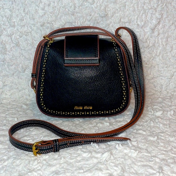 Miu Miu Rare Dahlia Madras Crystal Rhinestone Stud Black Leather Bag Purse - Picture 6 of 15